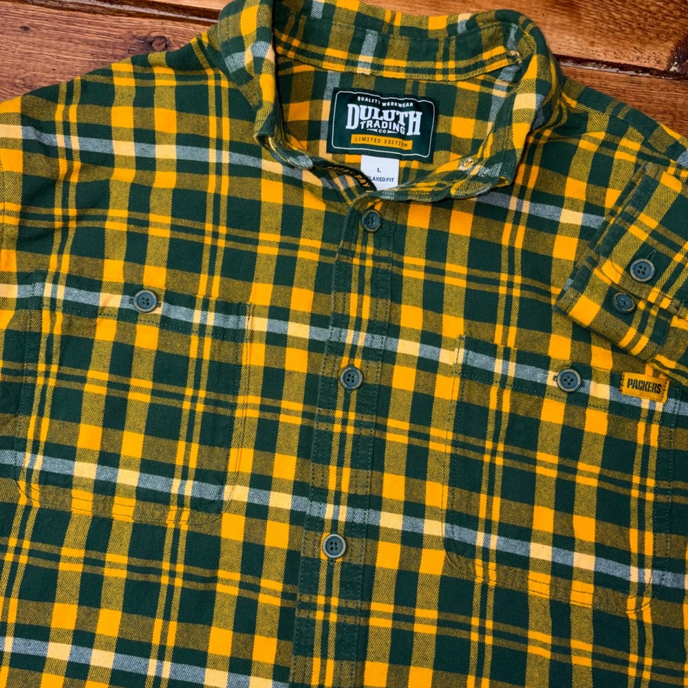 Duluth Trading Co Flannel Shirt Mens Large Green Bay Packers Plaid Relaxed Fit